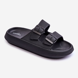 Papuci de damă din spumă cu dungi Sharmen negre negru 1 Papuci de damă din spumă cu dungi Sharmen negre negru 1