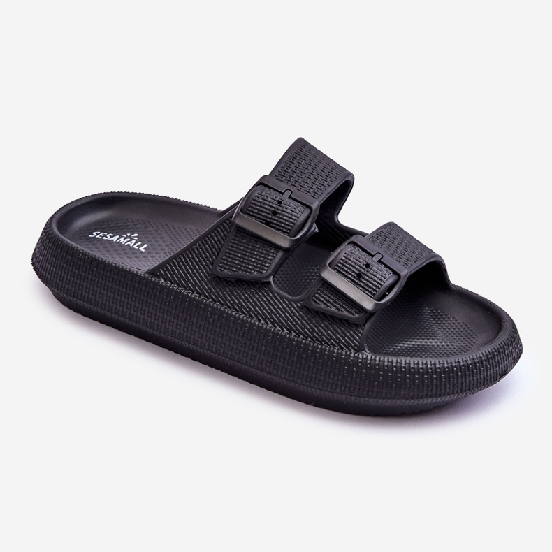 Papuci de damă din spumă cu dungi Sharmen negre negru 1 Papuci de damă din spumă cu dungi Sharmen negre negru 1