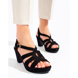 Sandale de damă cu toc din piele intoarsa neagra de la Shelovet negru 2