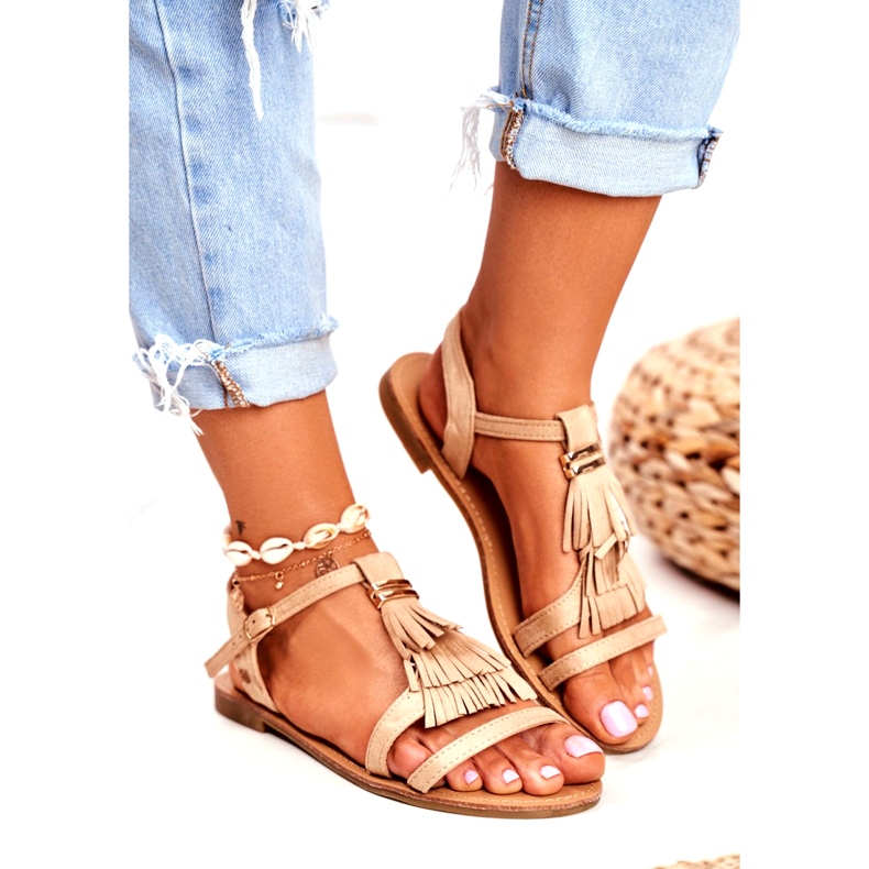 FRJ Sandale pentru femei Piele de căprioară plat Boho Bej Lucami 3