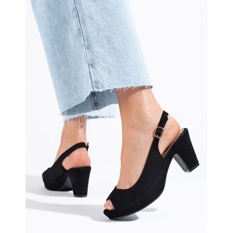 Sandale Shelovet de piele intoarsa neagra cu toc confortabil negru 1