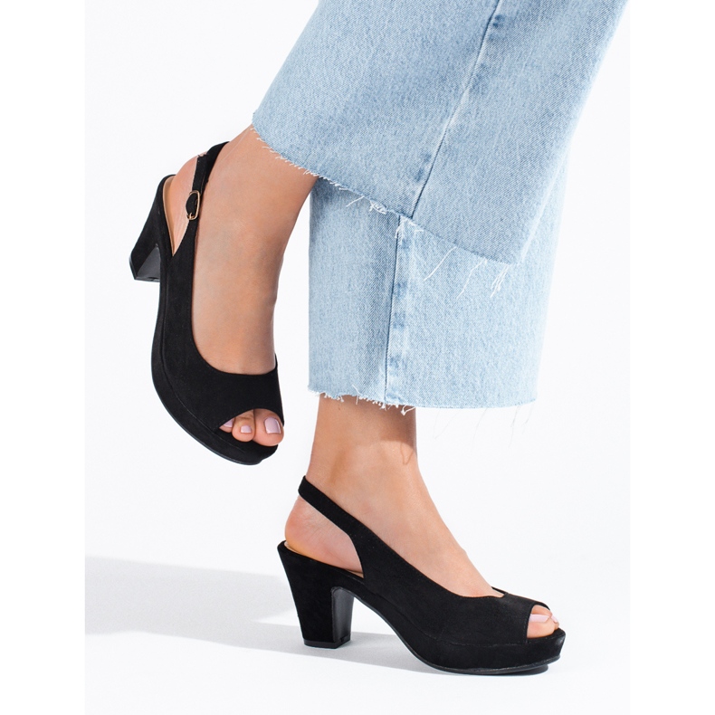 Sandale Shelovet de piele intoarsa neagra cu toc confortabil negru 2