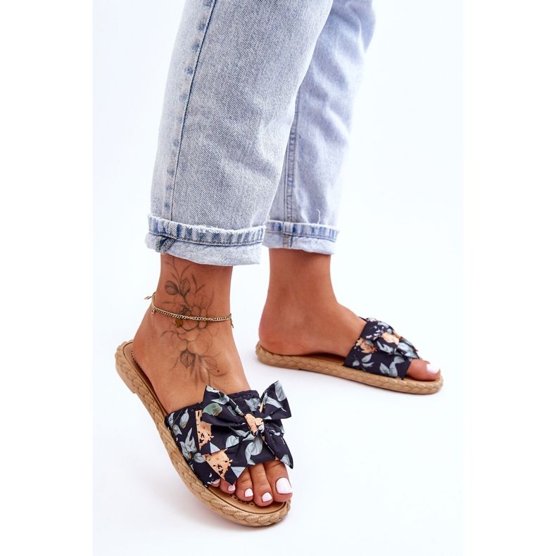 FK1 Papuci de damă cu fundă din stofă, floare neagră negru 1