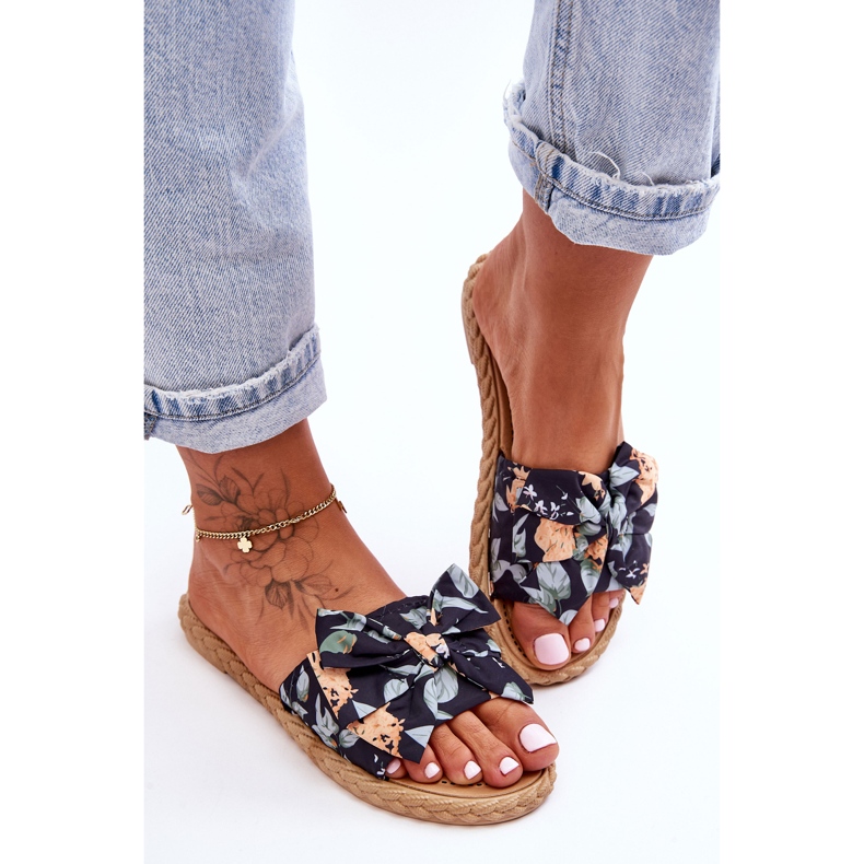 FK1 Papuci de damă cu fundă din stofă, floare neagră negru 2