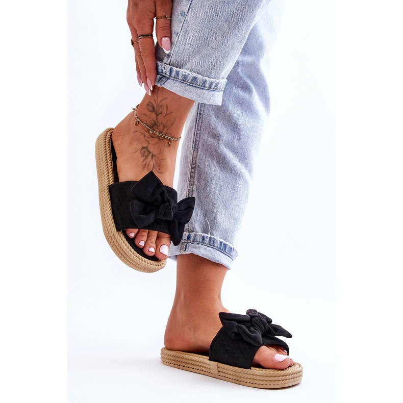 FK1 Papuci de damă din piele intoarsa cu fundita Neagra Fency negru 1