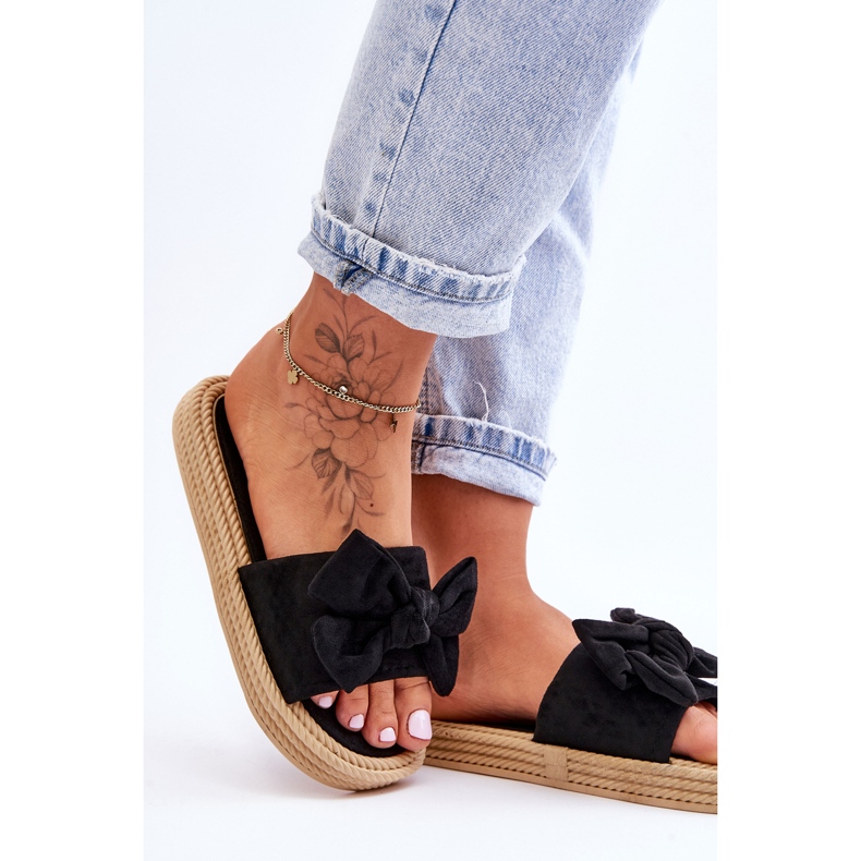 FK1 Papuci de damă din piele intoarsa cu fundita Neagra Fency negru 2