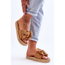 FK1 Papuci Femei din piele intoarsa Camel Fency, cu fundita maro 1