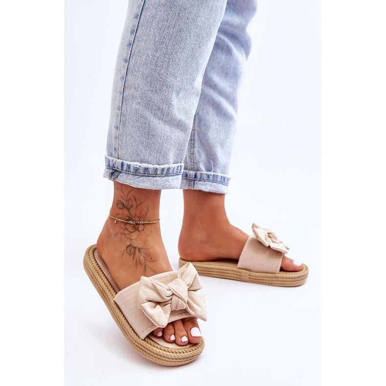 FK1 Papuci de damă din piele intoarsa cu fundita Bej Fency 2